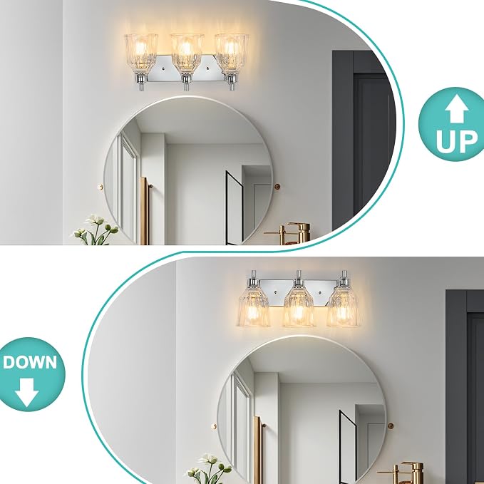 3 Light Bathroom Light Fixtures Modern Chrome Vanity Lights for Bathroom Lighting Fixtures Over Mirror with Thickened Glass Shade for Cabinet Mirror Bedroom Hallway