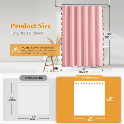 BTTN 72x80 Boho Scalloped Linen Textured Cloth Shower Curtain Set, Pink | Long Size, 230GSM Waterproof Polyester, Heavy Duty Fabric, 12 Plastic Hooks, Elegant Modern Farmhouse Style, Machine Washable