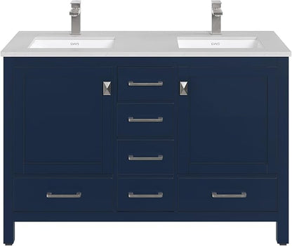 Eviva London 48 Inch Double Sink Vanity - Blue Double Vanity Sinks For Bathrooms - 48 Vanity With Sink And Countertop In Quartz & Undermount Porcelain Sink Combo - 48 Bathroom Vanity With Top And Sink