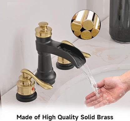 BWE Black and Gold Widespread Bathroom Faucet 3 Hole 8 Inch 2 Handles Commercial Bathroom Sink Faucet with Brass Pop Up Drain Stopper and Supply Lines Bath Vanity Lavatory Mixer Tap