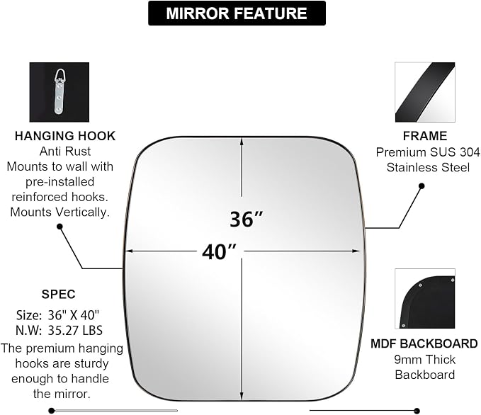 Bronze Oblong Mirror, 36x40 Inch Brushed Bronze Oval Mirror for Bathroom with Stainless Steel Metal Frame, Wall Mouned for Bathroom, Living Room, Entryway