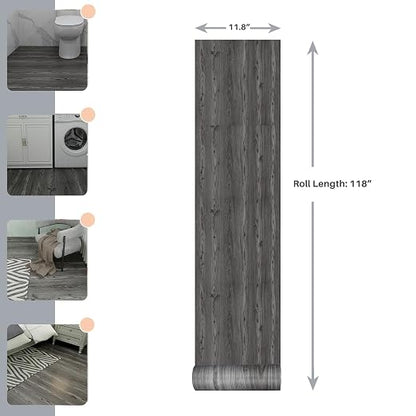 Grey Wood Look Vinyl Floor Roll, 11.8"x 118" Peel & Stick | Realistic Wood Grain Finish, Non-Slip Texture, Low‑Repeat Grain Design, Continuous Roll Pattern Flow, Waterproof