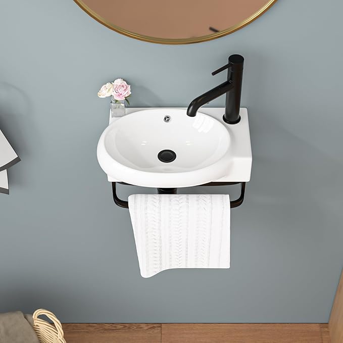 Sarlai Wall Mounted Bathroom Vessel Sink with Towel Rack,17x11 Inch Wall Hung Rectangle Ceramic Small Bathroom Sink White Mini Wash Modern Vanity Floating Basin