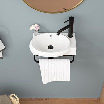 Sarlai Wall Mounted Bathroom Vessel Sink with Towel Rack,17x11 Inch Wall Hung Rectangle Ceramic Small Bathroom Sink White Mini Wash Modern Vanity Floating Basin