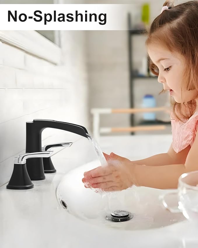 Fapully Bathroom Faucet 3 Hole, Waterfall 8 Inch Widespread Bathroom Sink Faucet with Pop-up Drain, Two-Handle Faucet for Bathroom Sink Matte Black&Chrome