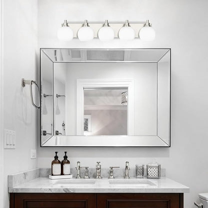 IZORRO Bathroom Light Fixtures, 5-Light Brushed Nickel Vanity Light, Modern Wall Sconces with Globe Milk White Glass Shade, Vanity Lighting Fixtures Over Mirror,E26 Bulb Socket