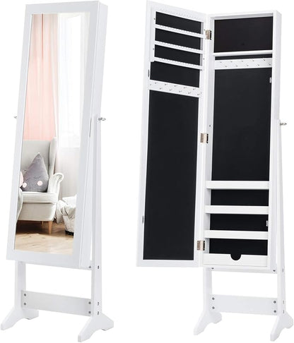 GIANTEX Jewelry Cabinet with Full-Length Mirror, Standing Jewelry Armoire Organizer with 64 Earring Slots, 72 Ring Slots, 20 Necklace Hooks, 4 Storage Shelves, 3 Angle Adjustable (White)