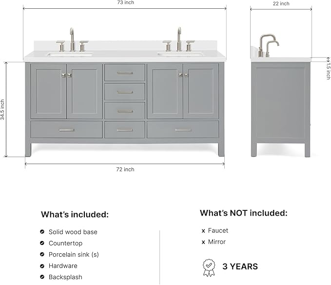 DKB Beckford 72 Inch Bathroom Vanity Double Sink — Grey Bathroom Vanity with Sink, 1.5" Edge Pure White Quartz Countertop & Backsplash, 4 Soft-Close Doors, 6 Dovetail Drawers