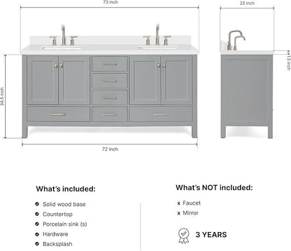 DKB Beckford 72 Inch Bathroom Vanity Double Sink — Grey Bathroom Vanity with Sink, 1.5" Edge Pure White Quartz Countertop & Backsplash, 4 Soft-Close Doors, 6 Dovetail Drawers