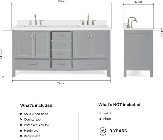 ARIEL Cambridge 72-inch Bathroom Vanity with Sink,Solid Wood, 1.5-inch Pure White Quartz Countertop & Backsplash, Double Rectangular Porcelain Sink, 4 Soft Closing Doors, 6 Dovetail Drawers, Grey