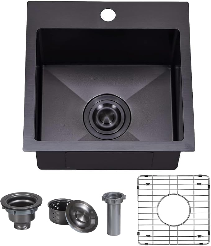 VAPSINT 15x15 Inch Black Drop In Bar Sink, Single Bowl Top Mount Handmade Gunmetal Black Wet Bar Prep RV Sink, 16 Guage Stainless Steel Outdoor Small Kitchen Sinks with Grid & Drain Strainer