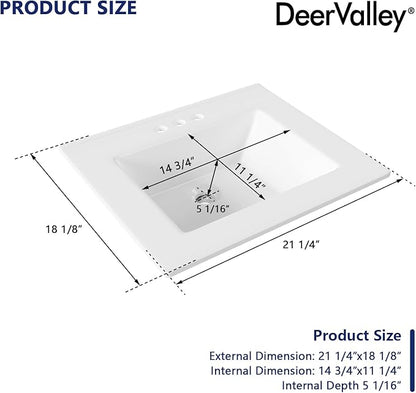 DeerValley 21x18 Inch Rectangular Fireclay Drop-in Bathroom Sink, White Vessel Sink with Overflow, Modern Art Basin, DV-1DS0123