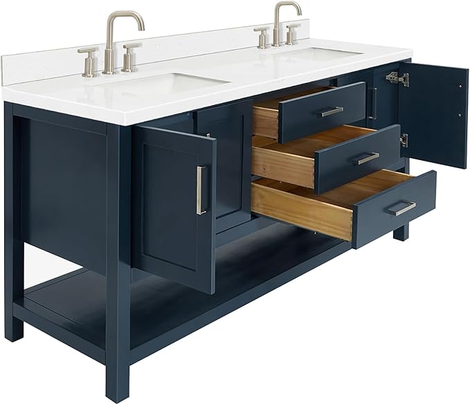 ARIEL Magnolia 72-inch Bathroom Vanity with Sink,Solid Wood, 1.5-inch Carrara White Quartz Countertop, Double Rectangular Porcelain Sink, 4 Soft Closing Doors, 3 Dovetail Drawers, Midnight Blue