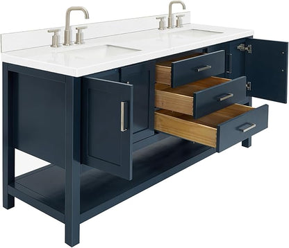 ARIEL Magnolia 72-inch Bathroom Vanity with Sink,Solid Wood, 1.5-inch Carrara White Quartz Countertop, Double Rectangular Porcelain Sink, 4 Soft Closing Doors, 3 Dovetail Drawers, Midnight Blue