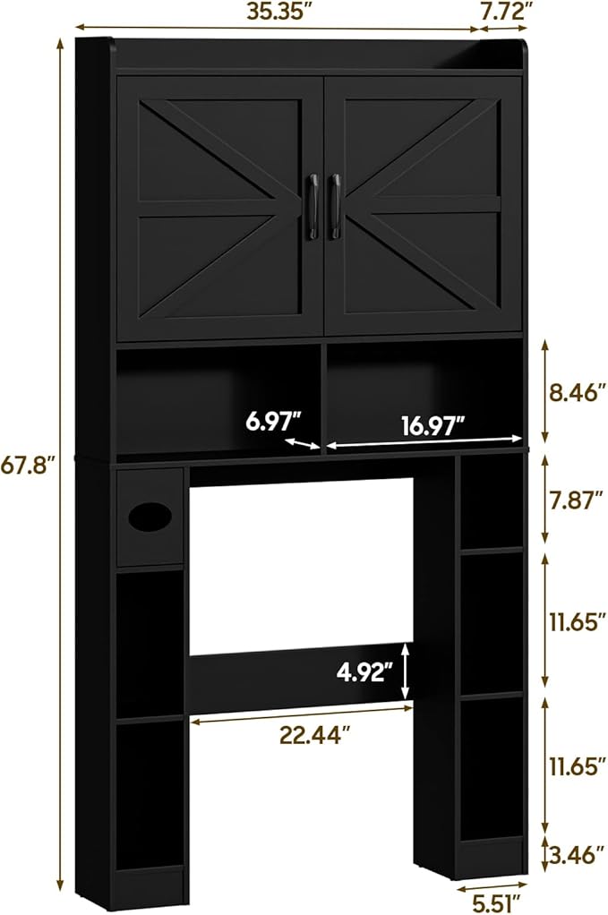 Vabches Over The Toilet Storage Cabinet with Barn Doors, Pure Black | Toilet Cabinet Rack, Space Saving Bathroom Organizer with Shelves, Toilet Paper Holder and Towel Rack for Bathroom,Laundry.