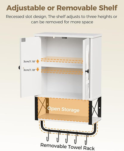 BEWISHOME Medicine Cabinet, Bathroom Wall Cabinet with Mirror, Wall Mounted Over The Toilet Storage Cabinet with Towel Bar and Adjustable Shelf, for Bathroom, 7.1" D x 15.4" W x 24.4" H, White YYG10W