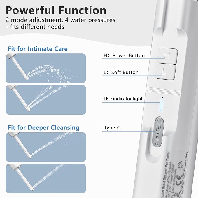 Portable Bidet for Home & Hotel use, Travel Bidet with Adjustable High Pressure & Flush Angle, IPX7 Waterproof, 1600mAh Electric Bidet for Women & Men with 2.5L Reservoir
