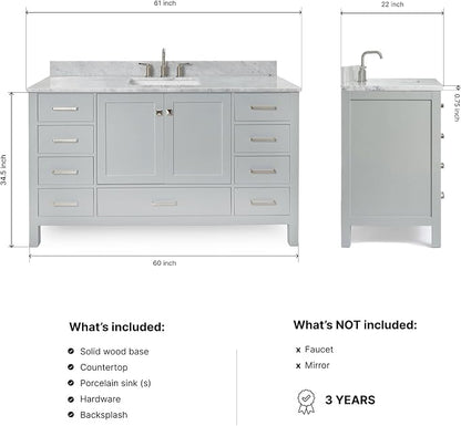 ARIEL Cambridge 60-inch Bathroom Vanity with Sink,Solid Wood, 0.75-inch Italian Carrara Marble Countertop, Single Rectangular Porcelain Sink, 2 Soft Closing Doors, 9 Dovetail Drawers, Grey