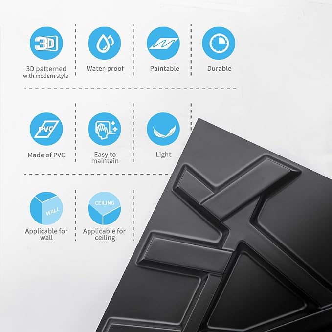 Art3d 19.7" x 19.7" (Pack of 12) Wall Panel Stripes, Black