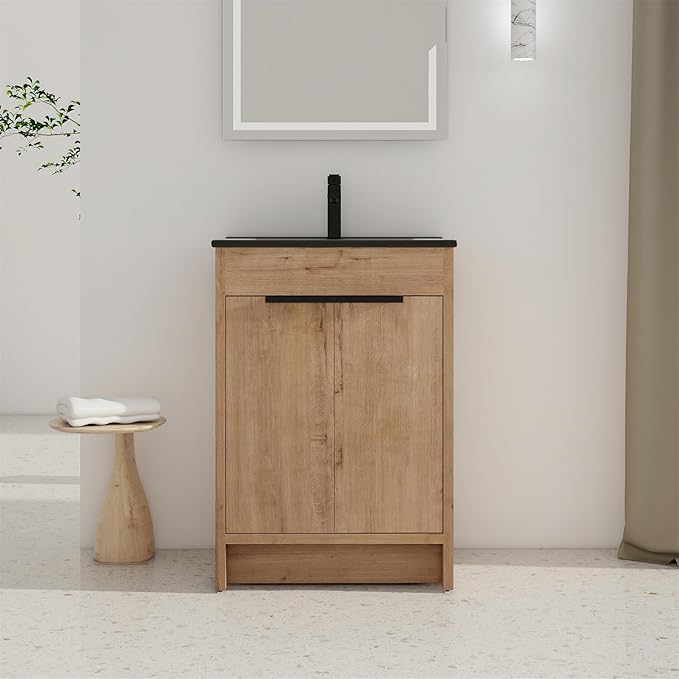 SSLine 24-Inch Bathroom Vanity with Sink Mid-Century Bathroom Vanities with Black Top Basin Floor Wood Bathroom Sink Cabinet with Soft-Close Doors & Adjustable Storage Shelves (Natural Brown)
