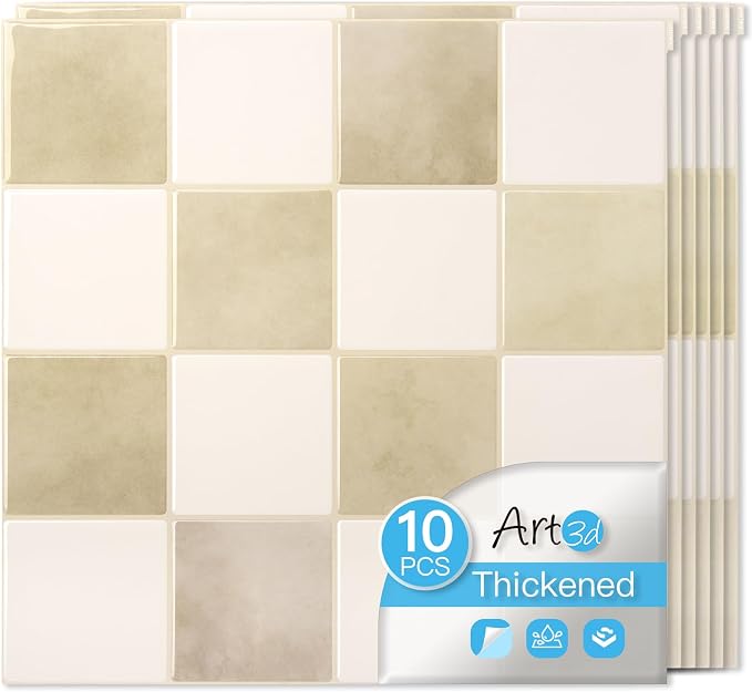 Art3d Grid Peel and Stick Backsplash, 10-Pack, 12 x 12 in, Beige and White | Enhanced Thickness, Strong Adhesion, Moisture Resistant, Long-Lasting, Minimalist Look, DIY Friendly, for Kitchen Countertops