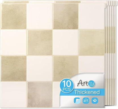 Art3d Grid Peel and Stick Backsplash, 10-Pack, 12 x 12 in, Beige and White | Enhanced Thickness, Strong Adhesion, Moisture Resistant, Long-Lasting, Minimalist Look, DIY Friendly, for Kitchen Countertops