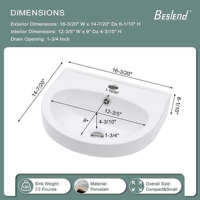 Wall Mount Bathroom Vessel Sink Space Saving | Beslend 16"x14" Inch White Ceramic Vessel Sink, Semi-Circular Bowl White Art Basin with Overflow and Single Hole