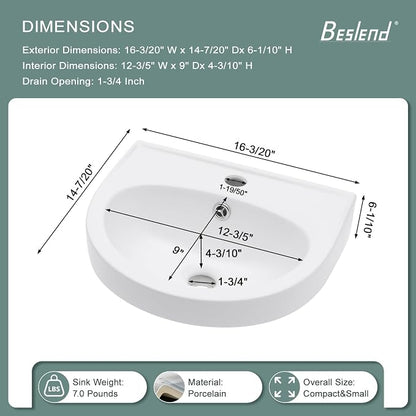 Wall Mount Bathroom Vessel Sink Space Saving | Beslend 16"x14" Inch White Ceramic Vessel Sink, Semi-Circular Bowl White Art Basin with Overflow and Single Hole