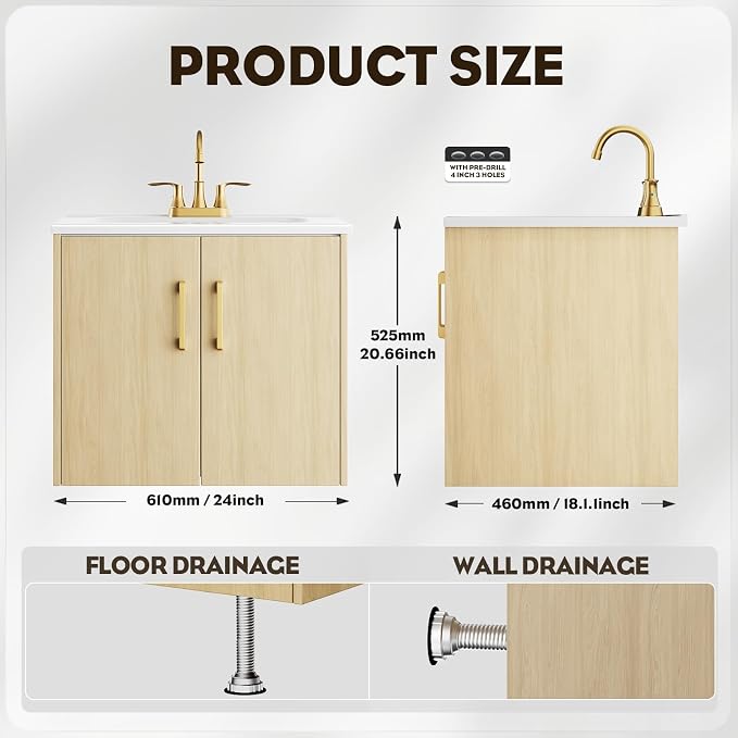 24 Inch Oak Floating Bathroom Vanity, Pre-Assembled Wall-Mounted Cabinet with 2 Soft-Close Doors & 3 Hole Ceramic Sink, No Faucet,BV08-24-OAK
