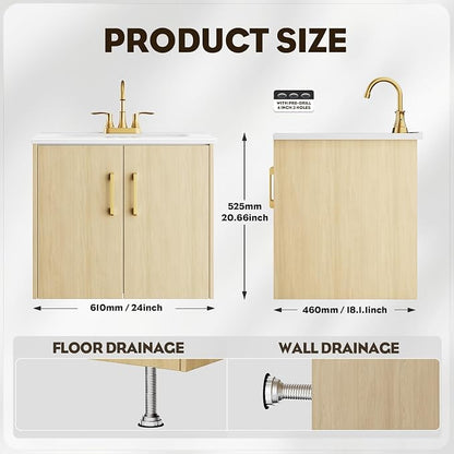 24 Inch Oak Floating Bathroom Vanity, Pre-Assembled Wall-Mounted Cabinet with 2 Soft-Close Doors & 3 Hole Ceramic Sink, No Faucet,BV08-24-OAK
