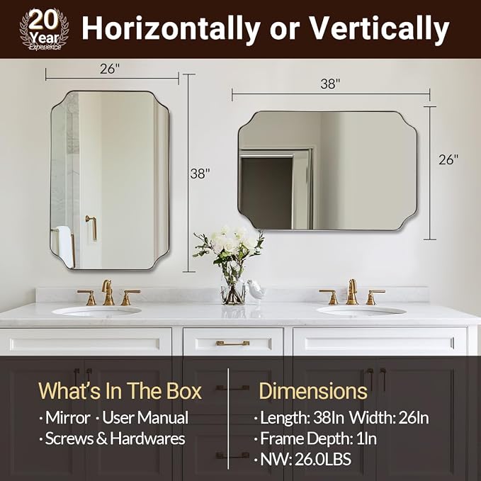 Brushed Nickel Scalloped Bathroom Mirror, 26"x38" Vanity Mirror | Rust-Proof Stainless Steel 1" Frame, Anti-Corrosion HD Glass, Unique Notched Corners, Modern Bathroom Upgrade Pick