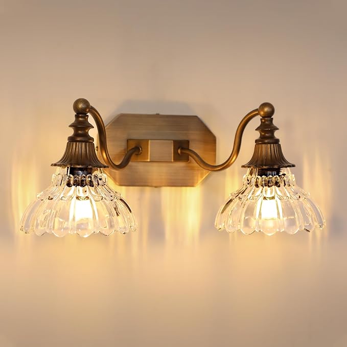 hesoge Vintage Bathroom Light Fixture Antique Brass Vanity Light with Crystal Glass Shade Brushed Gold 2-Light Bathroom Light Over Mirror