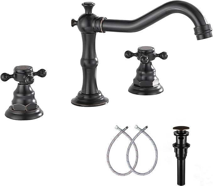 GGStudy Two Handles Three Holes Faucet 8-16 inch Widespread Bathroom Sink Faucet Oil Rubbed Bronze Basin Tap Mixer Supply Hose Included Matching Metal Pop Up Drain