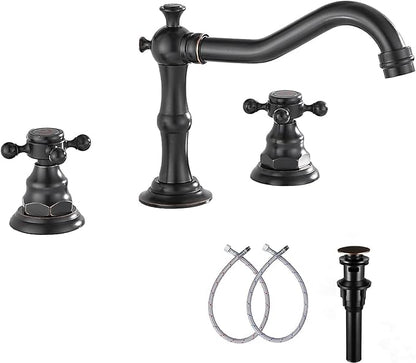GGStudy Two Handles Three Holes Faucet 8-16 inch Widespread Bathroom Sink Faucet Oil Rubbed Bronze Basin Tap Mixer Supply Hose Included Matching Metal Pop Up Drain
