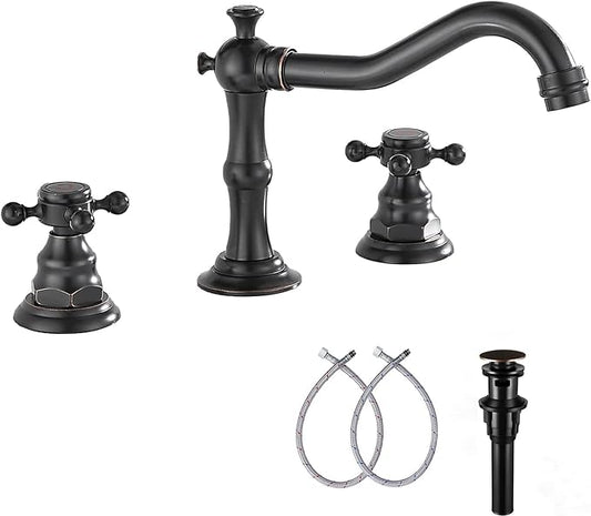 GGStudy Two Handles Three Holes Faucet 8-16 inch Widespread Bathroom Sink Faucet Oil Rubbed Bronze Basin Tap Mixer Supply Hose Included Matching Metal Pop Up Drain