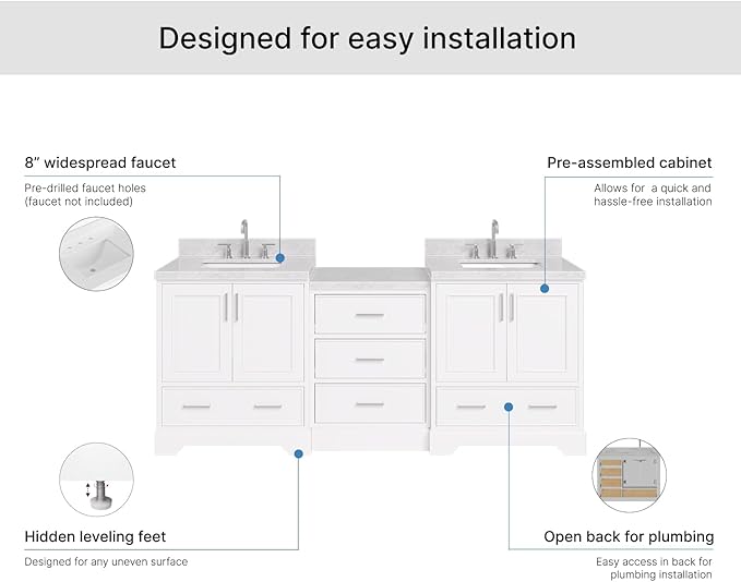ARIEL Stafford 84-inch Bathroom Vanity with Sink,Solid Wood, 1.5in Italian Carrara Marble Countertop & Backsplash, Double Rectangular Porcelain Sink, 4 Soft Closing Doors, 5 Dovetail Drawers, White