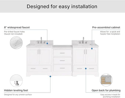 ARIEL Stafford 84-inch Bathroom Vanity with Sink,Solid Wood, 1.5in Italian Carrara Marble Countertop & Backsplash, Double Rectangular Porcelain Sink, 4 Soft Closing Doors, 5 Dovetail Drawers, White