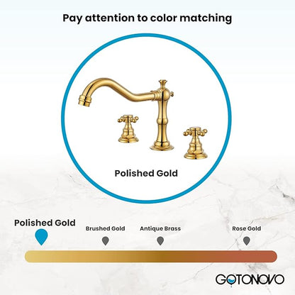 gotonovo 3 Hole Widespread Bathroom Sink Faucet Double Cross Handle Mixer Tap Faucet for Bathroom Sink Vanity Faucet Deck Mount Basin Hot Cold Water Matching Pop Up Drain Polished Gold