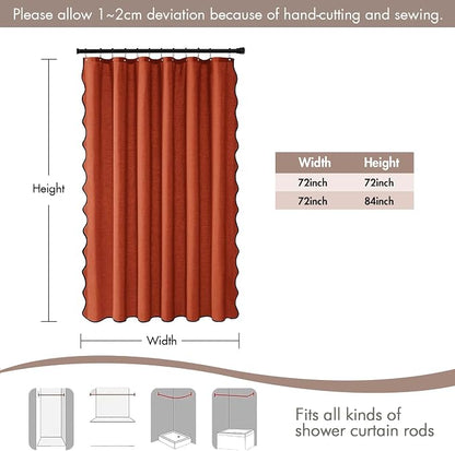 MIULEE 84" Long Burnt Orange Scalloped Linen Shower Curtain 72W x 84L | 12 metal hooks, Linen scalloped, waterproof washable, thick heavy cloth, black border, boho farmhouse, bathroom hotel use