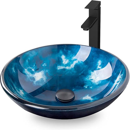 Bathroom Artistic Vessel Sink, Tempered Glass Vanity Round Bowl, Ocean Blue | Black Faucet, Pop Up Drain, Above Counter, Easy Clean