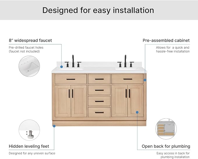 ARIEL Hepburn 60-inch Bathroom Vanity with Sink,Solid Wood, 1.5-inch Carrara White Quartz Countertop, Double Rectangular Porcelain Sink, 4 Soft Closing Doors, 6 Dovetail Drawers, White Oak