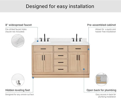 ARIEL Hepburn 60-inch Bathroom Vanity with Sink,Solid Wood, 1.5-inch Carrara White Quartz Countertop, Double Rectangular Porcelain Sink, 4 Soft Closing Doors, 6 Dovetail Drawers, White Oak