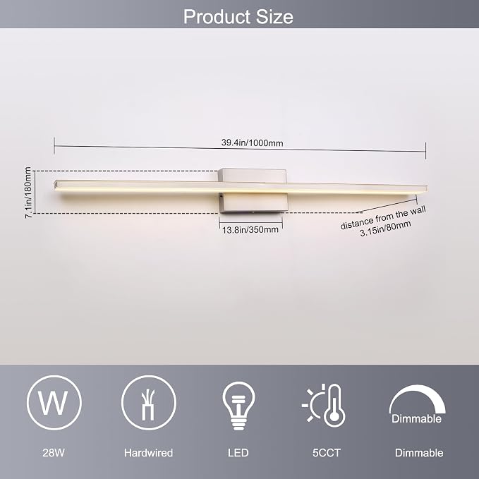 39.4 inch Brushed Nickel Bathroom Vanity Light Bar 5CCT Dimmable Bathroom Light Fixtures Over Mirror Modern LED Vanity Lighting Bath Light