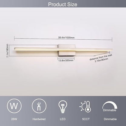 39.4 inch Brushed Nickel Bathroom Vanity Light Bar 5CCT Dimmable Bathroom Light Fixtures Over Mirror Modern LED Vanity Lighting Bath Light