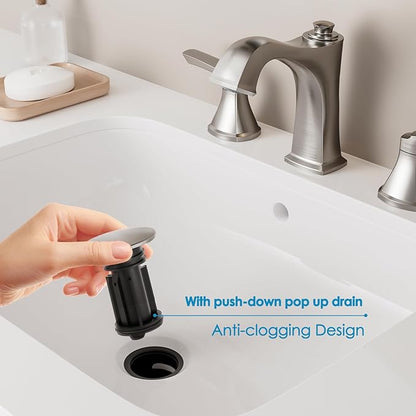 Brushed Nickel Bathroom Faucet 3 Hole, 8-Inch Widespread Bathroom Faucet, 2 Handle Bathroom Sink Faucet, Drain Assembly, Brushed Nickel