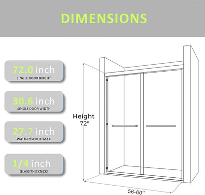 Glass Shower Door,56-60'' W x 72''H Bypass Sliding Door Semi-Frameless Shower Enclosure 1/4"(6mm) Glass Sliding Bathroom Door,Brushed Gold Stainless Steel Hardwares