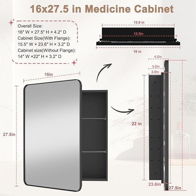 16x27.5 in Bathroom Medicine Cabinet with Mirror, Matte Black | Fully Assembled; Recessed or Surface Wall Mount; Metal Cabinet with Tempered Glass Mirror and Two Adjustable Glass Shelves