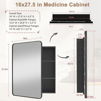 16x27.5 in Bathroom Medicine Cabinet with Mirror, Matte Black | Fully Assembled; Recessed or Surface Wall Mount; Metal Cabinet with Tempered Glass Mirror and Two Adjustable Glass Shelves
