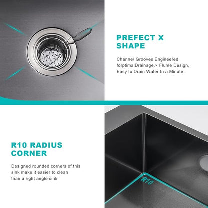 18"x18" Drop in Kitchen Sink, 304 SS Handmade Black Single Bowl | D18"xW18"xH9" Square Topmount Basin Sink 1 Faucet Hole, Handmade Brushed Finish for Bar, Kitchen Prep and RV