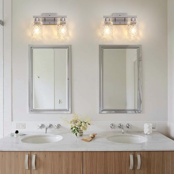 Mecgirn Stainless Steel Bathroom Vanity Light Over Mirror, 2 Light Brushed Nickel Bathroom Light Fixtures with Textured Glass Shades, Ceramic E26 Sockets Wall Mounted